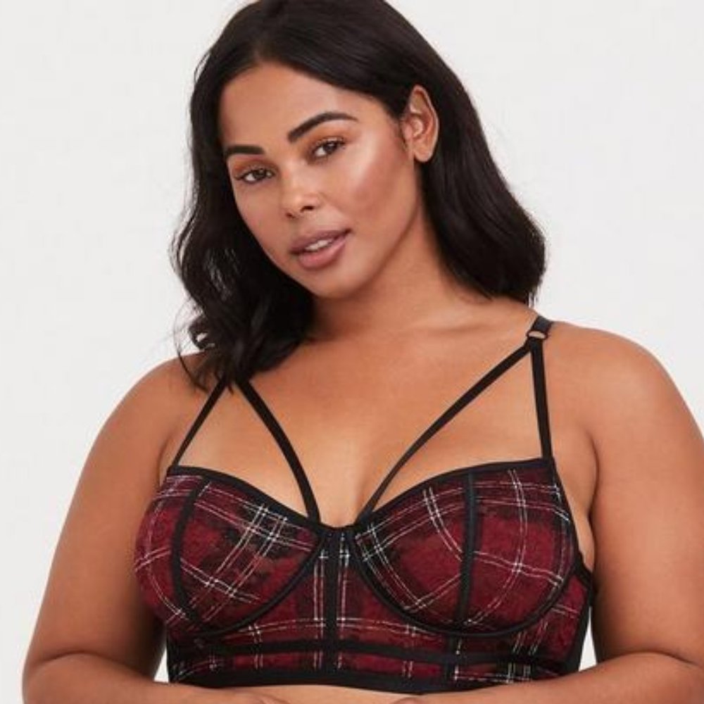 TORRID - STRAPPY LACE UNDERWIRE BRA / BRALETTE - RED BLACK PLAID MESH - SIZE 2